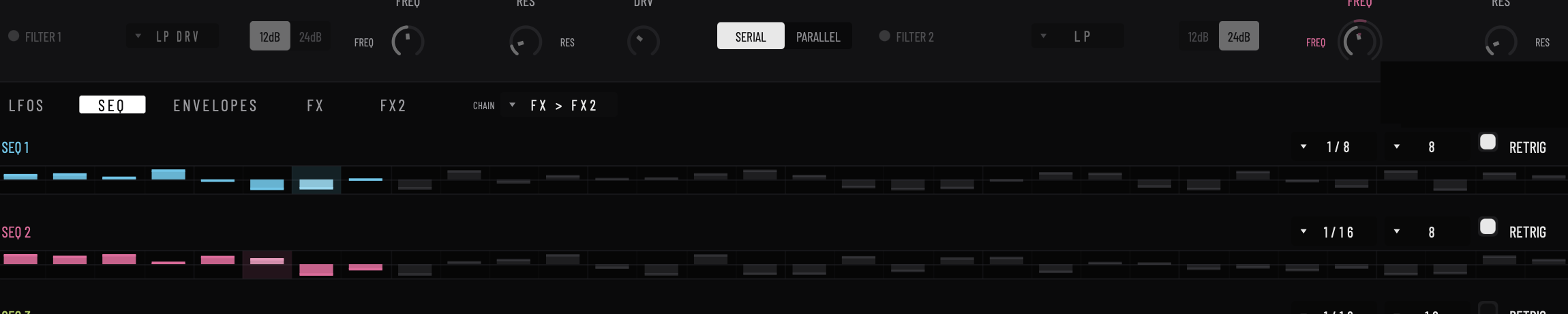 Sisyphus step sequencer page with three sequencer rows